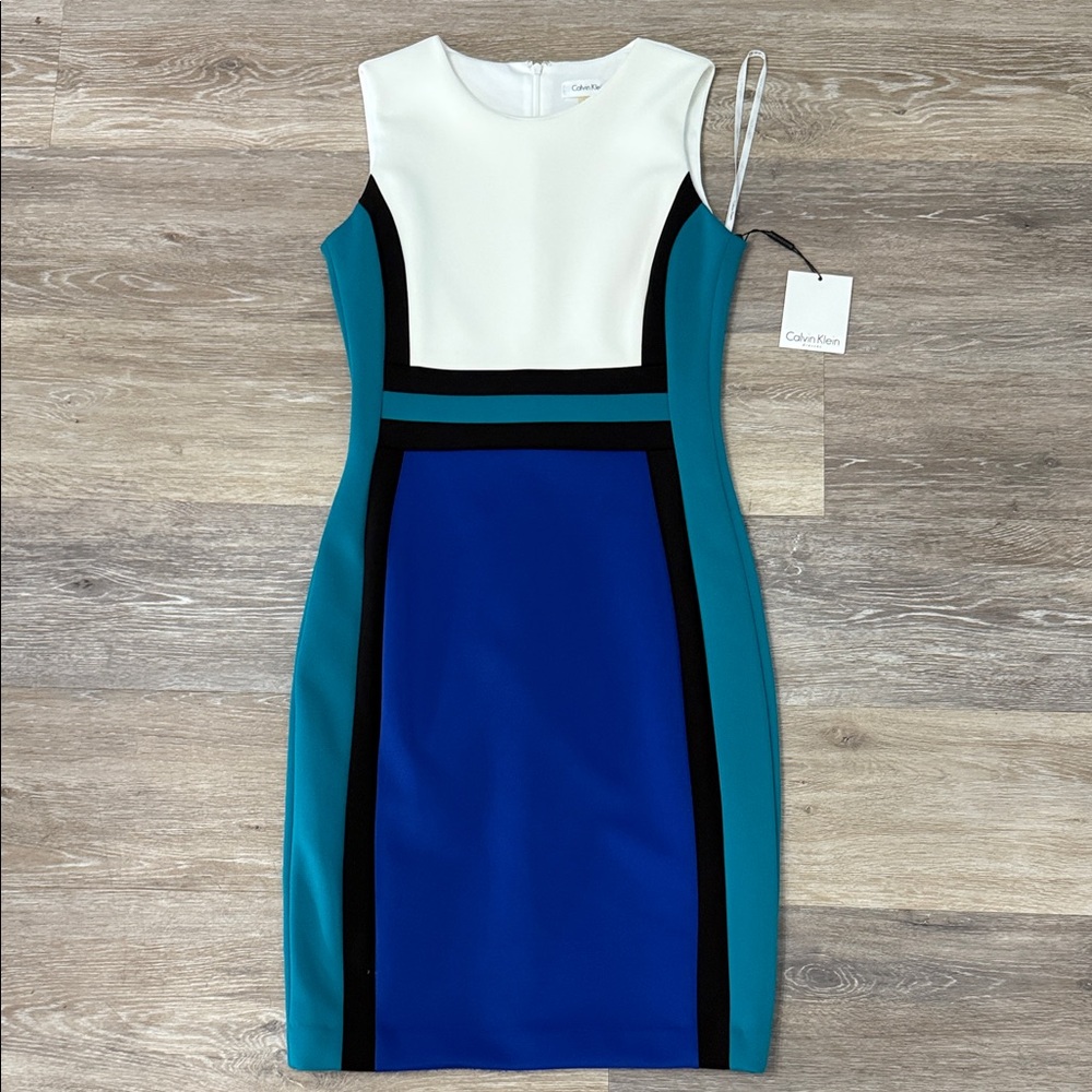 Calvin Klein Colorblock Midi Dress in White, Teal, Royal Blue and Black